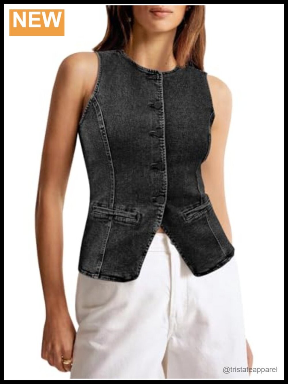 Sleeveless Button Down Denim Vest Fitted Jean Top